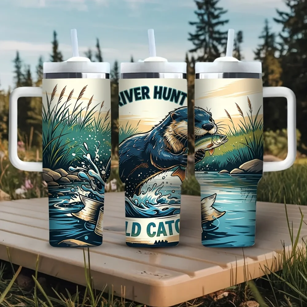 40Oz River Hunting Otter Catching Fish Print Tumbler with Handle, Fits Both Hot And Cold Drinks, Ideal for Fishing Lovers for Daily Use Outdoor Camping Hiking And Fishing Trips