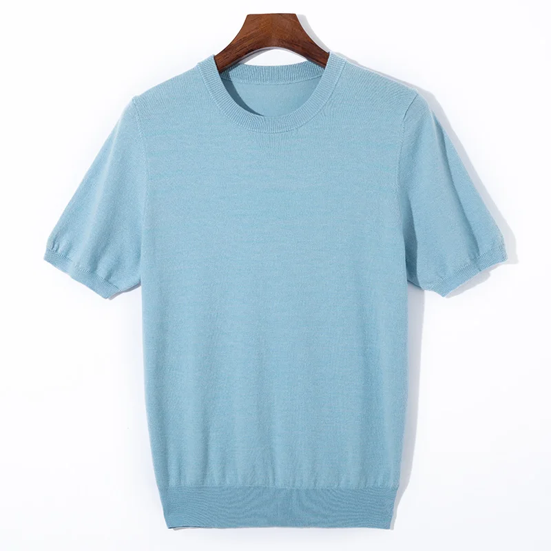 Summer new pure wool knitted short-sleeved men's thin solid color O-neck loose breathable trend sweater