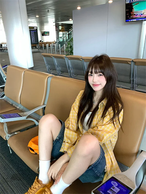 

Yellow Plaid Long Sve Men's irt Vintage Lazy Sle Autumn Casual Layering Outerwear American Retro Striped M Top