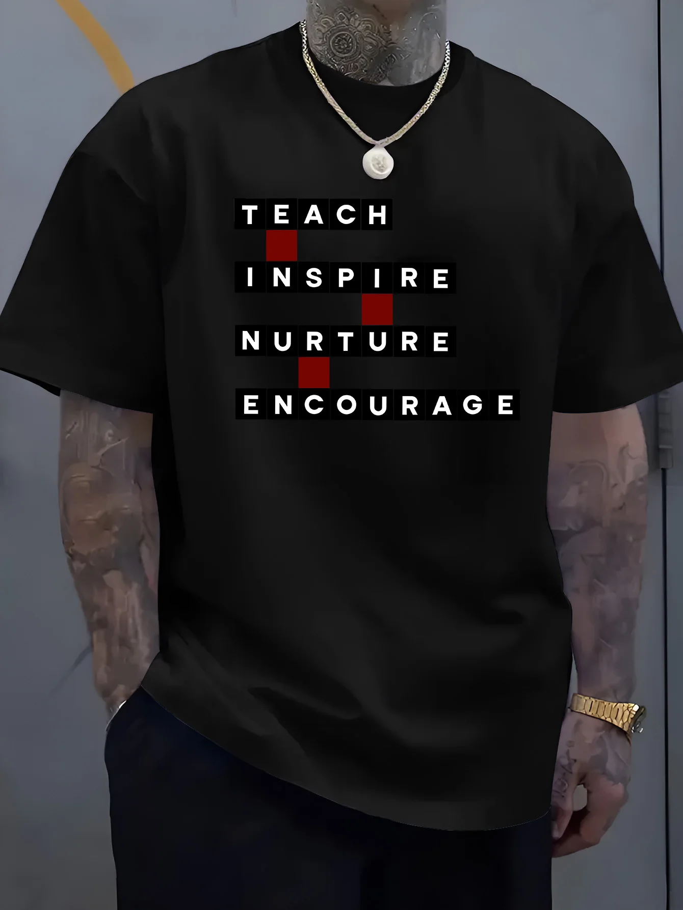 Men Black Crew Neck Tee Block Letter Teach Inspire Nurture Encourage Red Square Accent Teacher Positive Quote Casual Cotton Tops