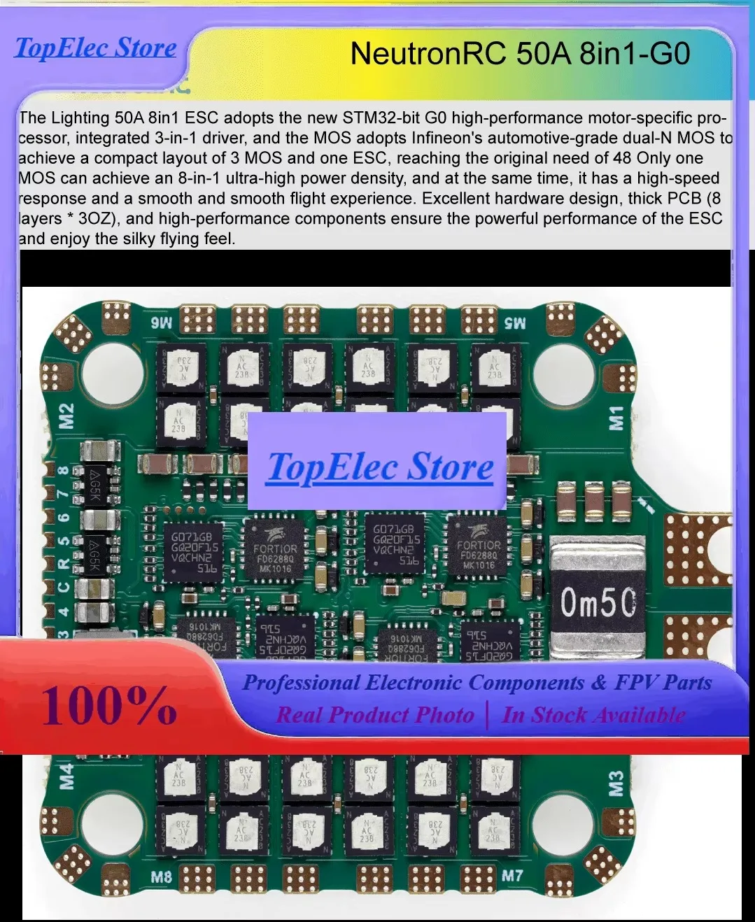 TopESsNeutronRC 8in1 50A DSHOT1200 ESC 2-8S 8 IN 1 30.5mm Hole Distance Electronic Speed Controller For X8 Frame