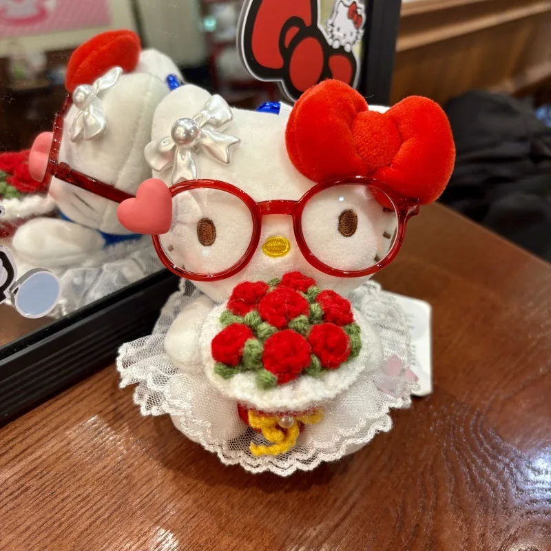 Uroczy Kreskówkowy Okulary Hello Kitty Dziewczyna Spódniczka Breloczek DIY Ręcznie Robiony Kwiat Kucharz Czapka Pluszowa Lalka Breloczek Zawieszka do Torby Zabawka Prezent