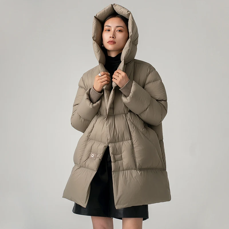 Hooded Long Down Coat  Women Winter 90% White Duck Down Jackets Ladies Outerwear Fashion Female Streetwear Loose Puffer Coat