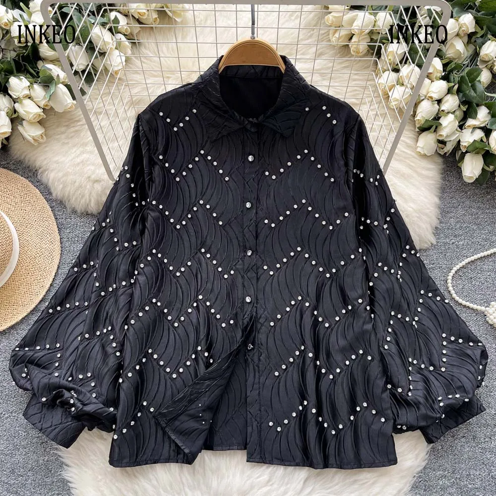 

Luxury Rhinestone shirt for women 2025 New Design Long lantern sleeve Single breasted blouse Ladies tops Loose INKEO 5T001