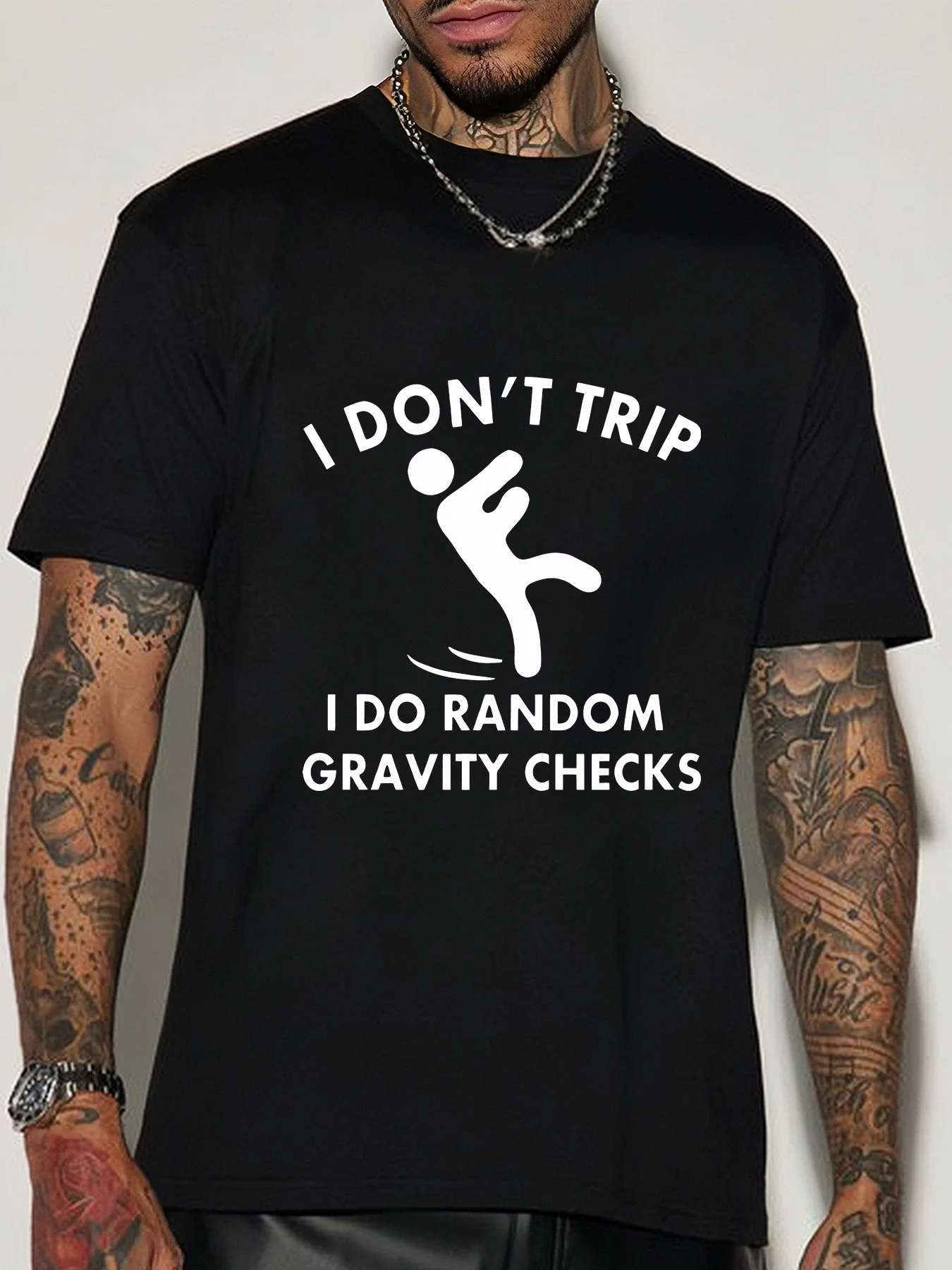 Funny Gravity Checks Quote Graphic Mens Crew Neck T Shirt Falling Silhouette Letter Print Short Sleeve Casual Cotton Daily Tops