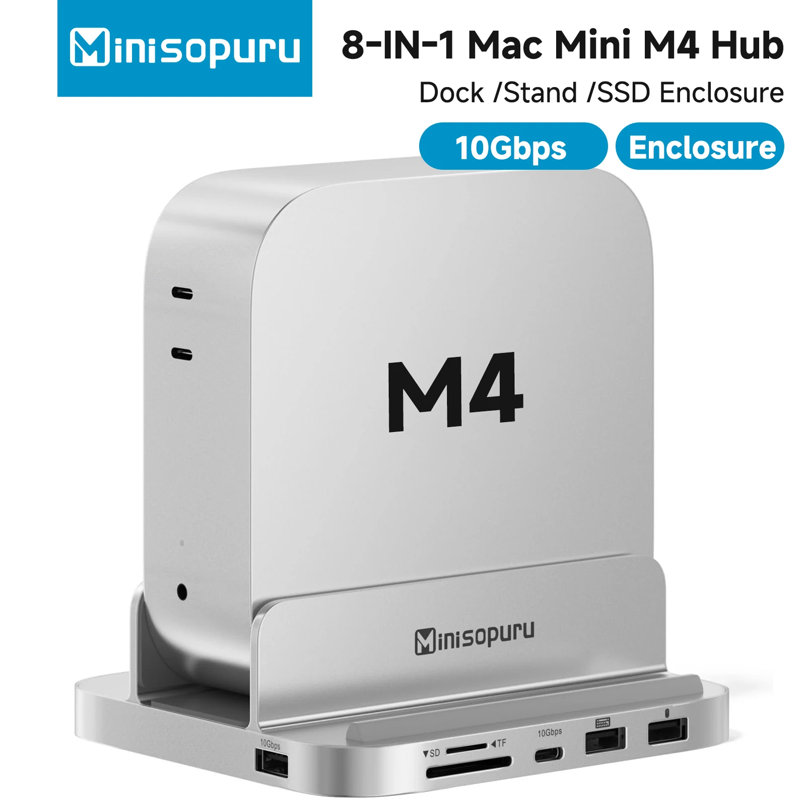 

Док-станция и подставка Minisopuru Mac Mini M4 с корпусом M.2 NVMe SSD, 10 Гбит/с USB C/A 8 в 1 Mac Mini Hub для Mac Mini M4/M4 Pro 2024
