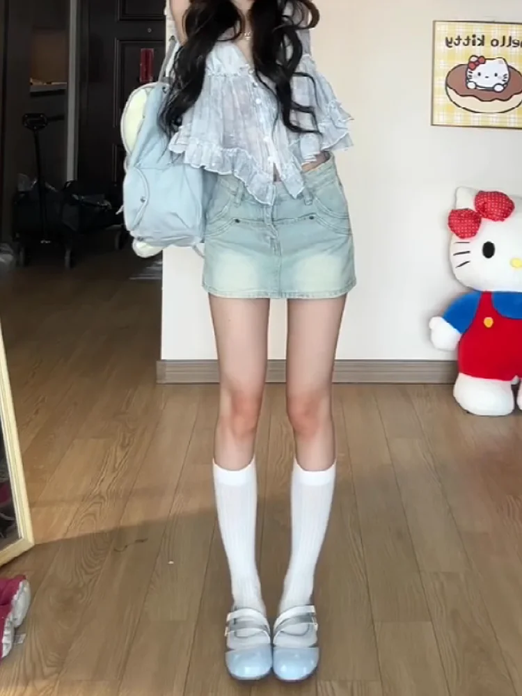 Sweet Cool Spicy American Washed Denim A-Line  Skirt Women Summer Design Loose Slimming High Waist Jeans Style Skirt