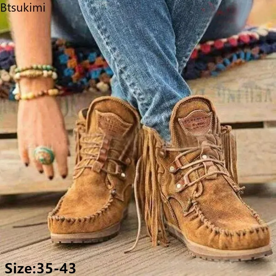 New 2024 Women's Faux Suede Boots Autumn Winter Causal Lace Up Ankle Boots Vintage Tassel Ladies Cowboy Short Boots Female Botas