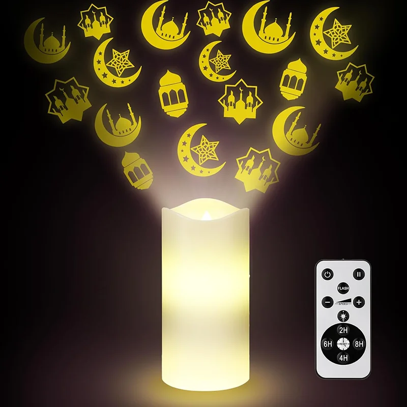 

Eid Mubarak Flameless LED Candle Projector Light Star Moon Night Light With Remote Timer For Ramadan Home Room Decoration Gift