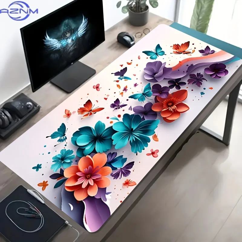 1pc Large Gaming Desk Mat Compatible for PC/Laptop, Non-Slip Rubber Base Oversized Mouse Pad with Blue & Orange Floral Butterfly