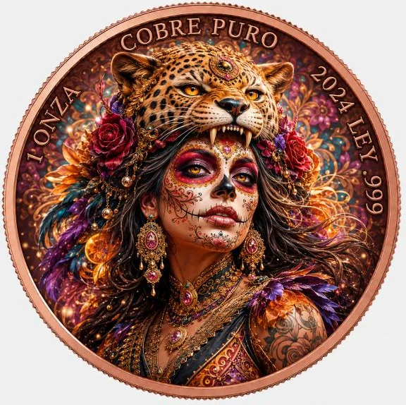 1oz 999 Pure Copper Day of the Dead Catrina 3D UV Printed Collectible Medal