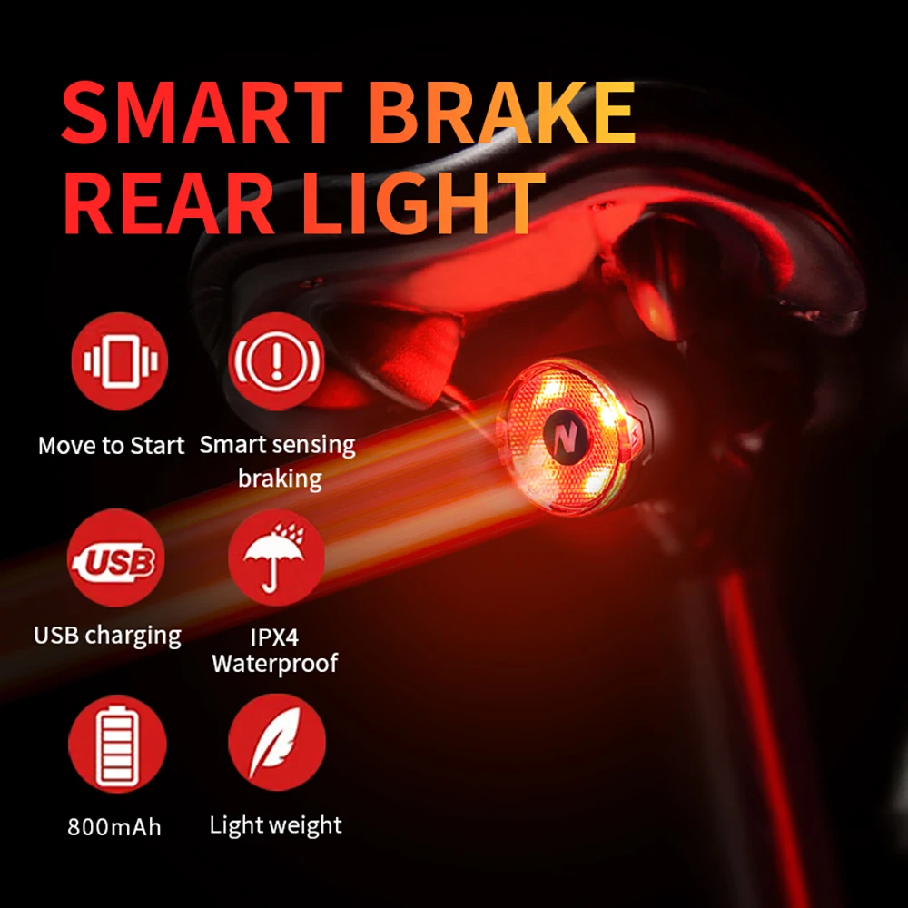 A09 Bicycle Smart Rear Light Type-C Charging Brake Sensor Auto Stop Cycling Taillight Warning Light Bike Taillight Accessories