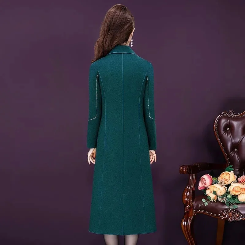영국 스타일 여성 울 코트 우아한 슈트 칼라 더블 브레스티드 허리 타이트 롱 울 카디건 미드-캘프 길이 카디건