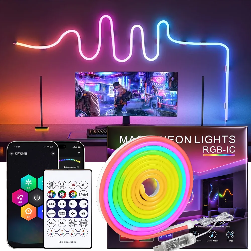 LED Neon Strip Light RGBIC USB Durable BT APP Control Music Sync Smart Waterproof for Game Room and Party Decoration LED Light 5