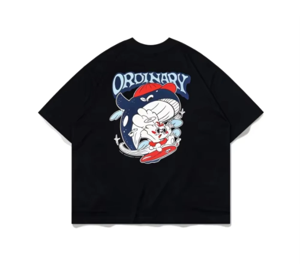2026 Summer Retro Cartoon Whale Print T-shirt Men, Oversized Cotton Cute Character Graphic Short Sleeve Streetwear Tee