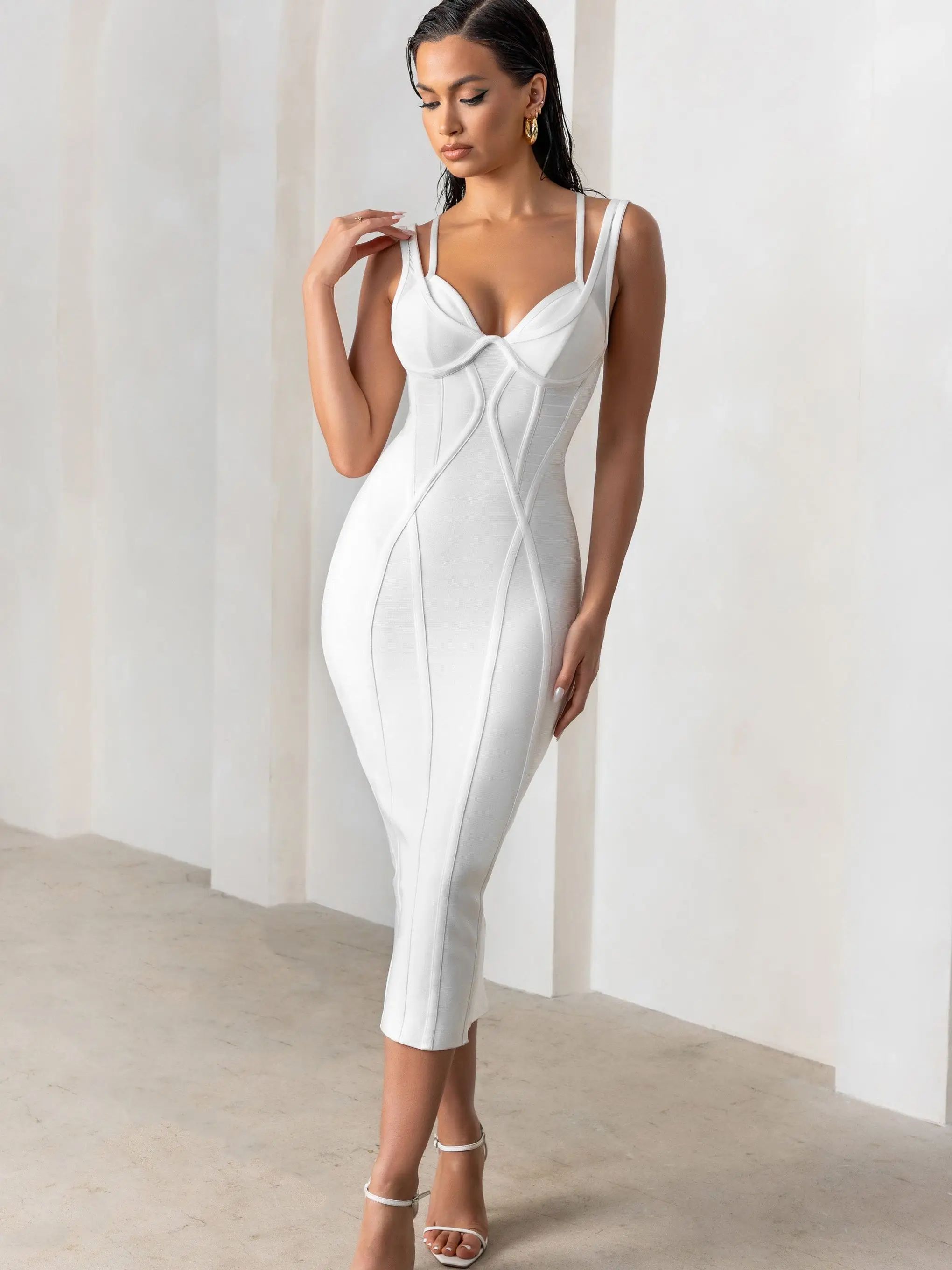 BEAUKEY 2023 For Women White Midi Bandage Dress Double Straps Criss Cross Dress Bodycon Runway Split Bustier Elegant Vestidos