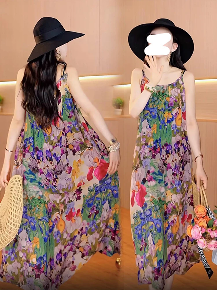 Elegancka letnia spódnica w kwiatowy wzór na cienkich ramiączkach, damska, do pracy, przeciwstarzeniowa, koreańska, luźna, z elastyczną talią, oddychająca, w kształcie litery A...