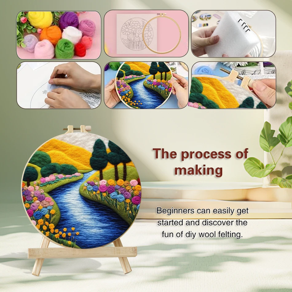 Landscape Pattern Diy Wool Felting Painting With Embroidery Frame Diy Felt Kit Needle Felt Wool Painting Kit For Home Decoration