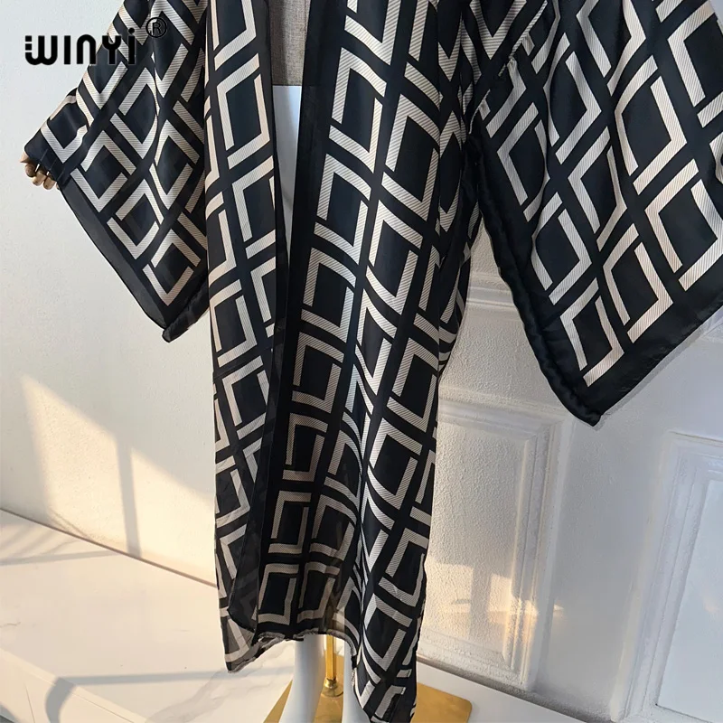 Winyi Zomer Outfit Kimono Afrika Geometrische Print Strand Cover Up Maxi Jurk Vesten Strandkleding Vrouwen 2024 Abaya Dubai Luxe