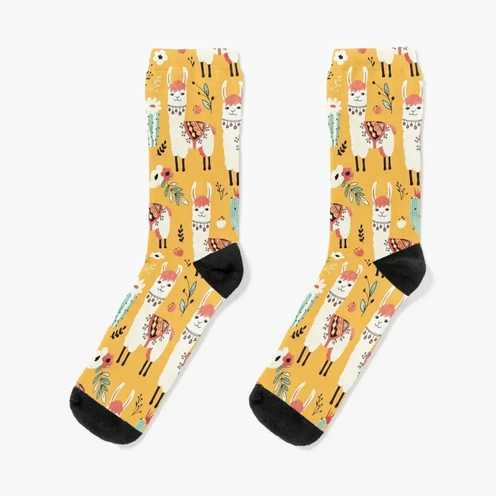 

White Llama with flowers Socks christmas gift Rugby winter thermal Designer Man Socks Women's