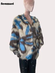 Nerazzurri Autumn Winter Colorful Warm Thick Luxury Fluffy Faux Fur Jacket Women V Neck 3/4 Sleeve Loose Furry Fake Fur Coats