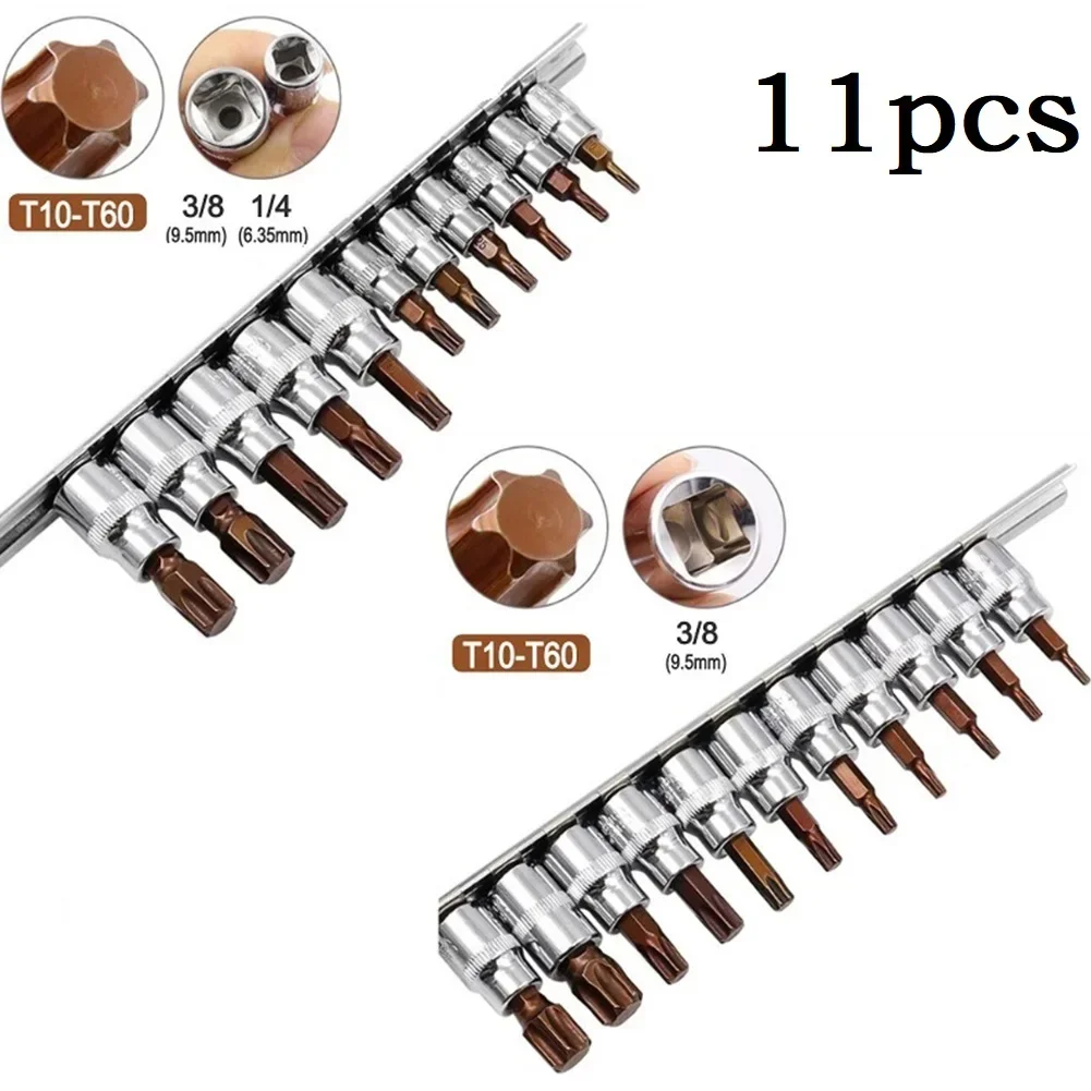 11 Stuks Drive Socket Set Torx Schroevendraaier Bits 3/8 1/4 Inch Steeksleuteldop Adapter T15 T20 T25 T27 T30 T40 T45 T50 T55 T60