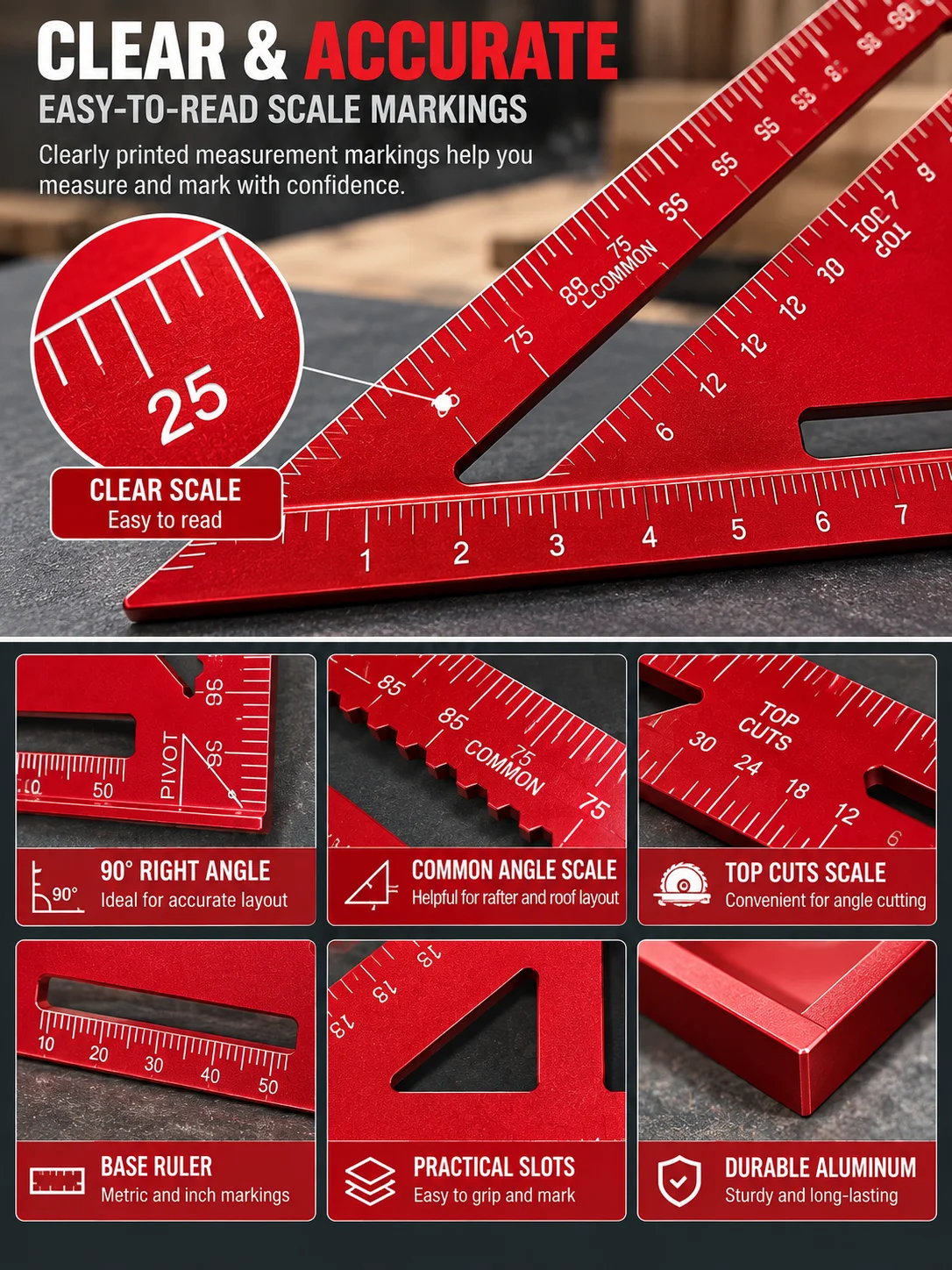 Präzisions-Aluminium-Quadrat, rotes Dreieck-Holzbearbeitungslineal, Messwerkzeug für die Holzbearbeitung und zum Anzeichnen von Linien für Heimwerkerprojekte und zur Dekoration. – Detail 3