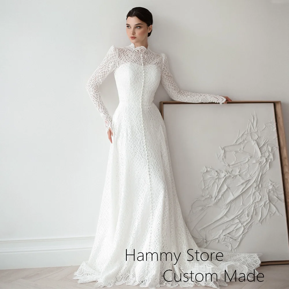 Arabian Wedding Dress Charming Long Sleeves High Neck Sweep Train Customized Saudi Bridal Gown for Woman Bride New Arrival