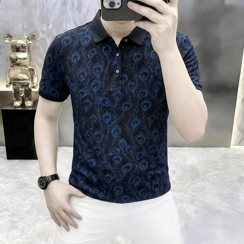 Summer Peacock Feather Printed Polo Shirts for Men Short Sleeve Comfortable Casual Business T-shirt Slim Fit Formal Social Polos