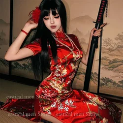 Sexy Red Flower Print Cheongsams Lady Long Qipao Satin Vestidos Improved New Chinese Style Dress Elegant China Dress Costume