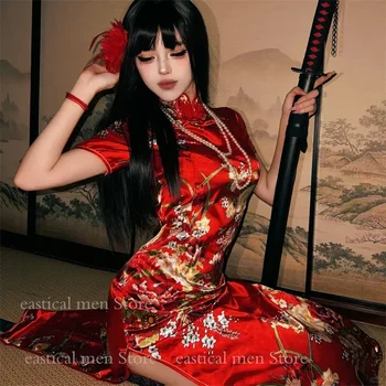 Sexy Red Flower Print Cheongsams Lady Long Qipao Satin Vestidos Improved New Chinese Style Dress Elegant China Dress Costume