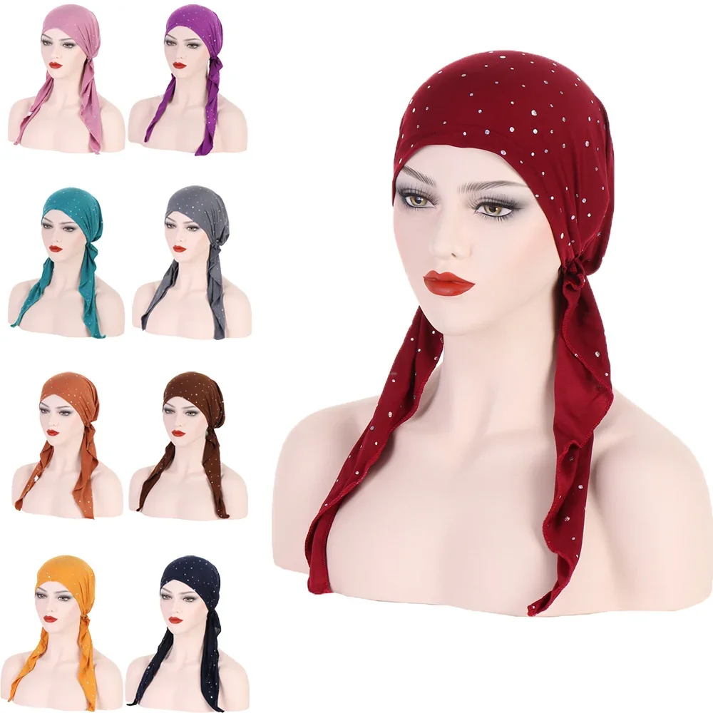 Pre-Tied Muslim Hijab Elastic Bandana Turban Chemo Cap Inner Hat Cancer Long Tail Headwear Beanies Femme Turbantes Headwrap Caps