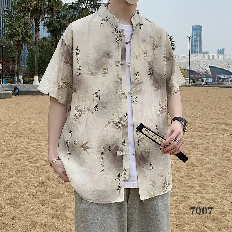 

New Chinese style Hawaiian Tang Style Floral Shirt Men's Summer Fashion Pan Buckle Standing Neck Short Sleeved Loose Shirt