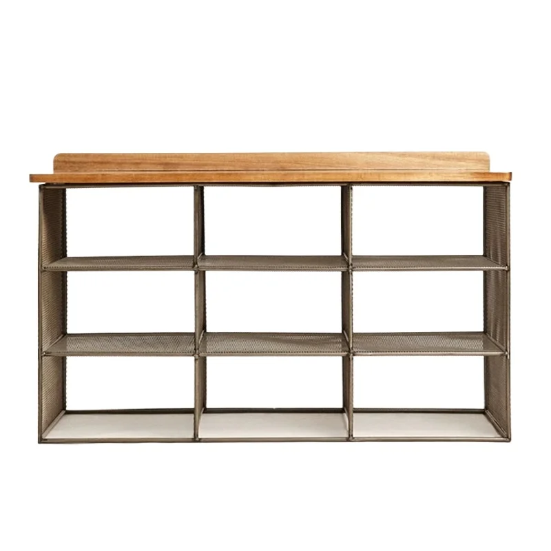American industrial style clothing store retro metal mesh solid wood shoe cabinet, household multi-layer