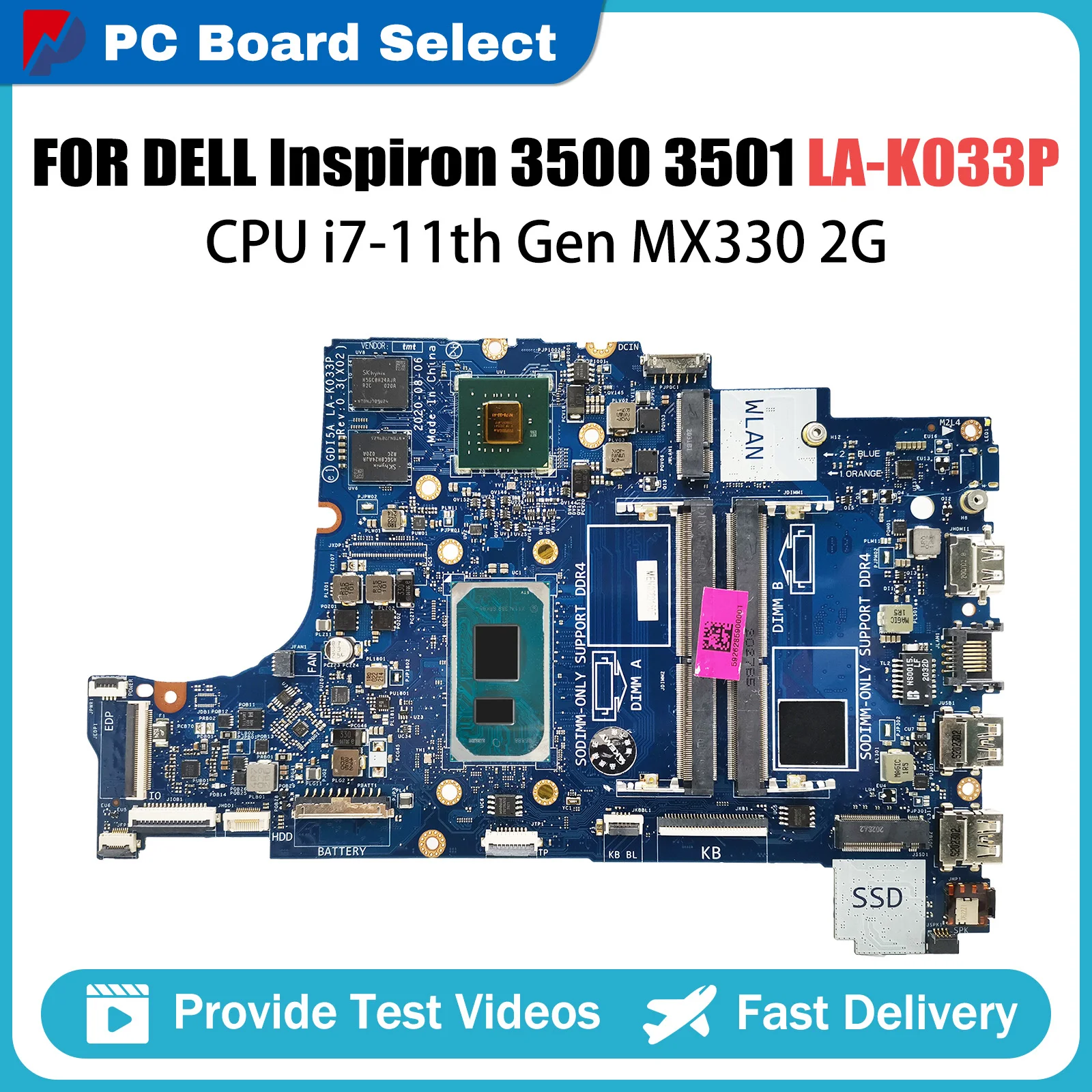 

LA-K033P Mainboard For Dell Inspiron 15 3501 Vostro 3400 3500 Laptop Motherboard With CPU i5 i7 11th Gen MX330 GPU DDR4