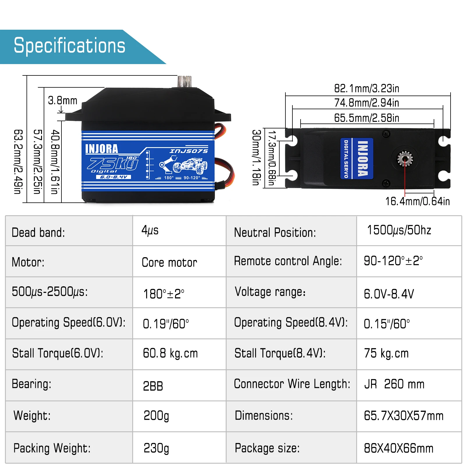 INJORA-Servo Digital de alto voltaje INJS075, 75KG, con brazo de Metal 15T, para coche a control remoto 1:5, piezas de camión a control remoto