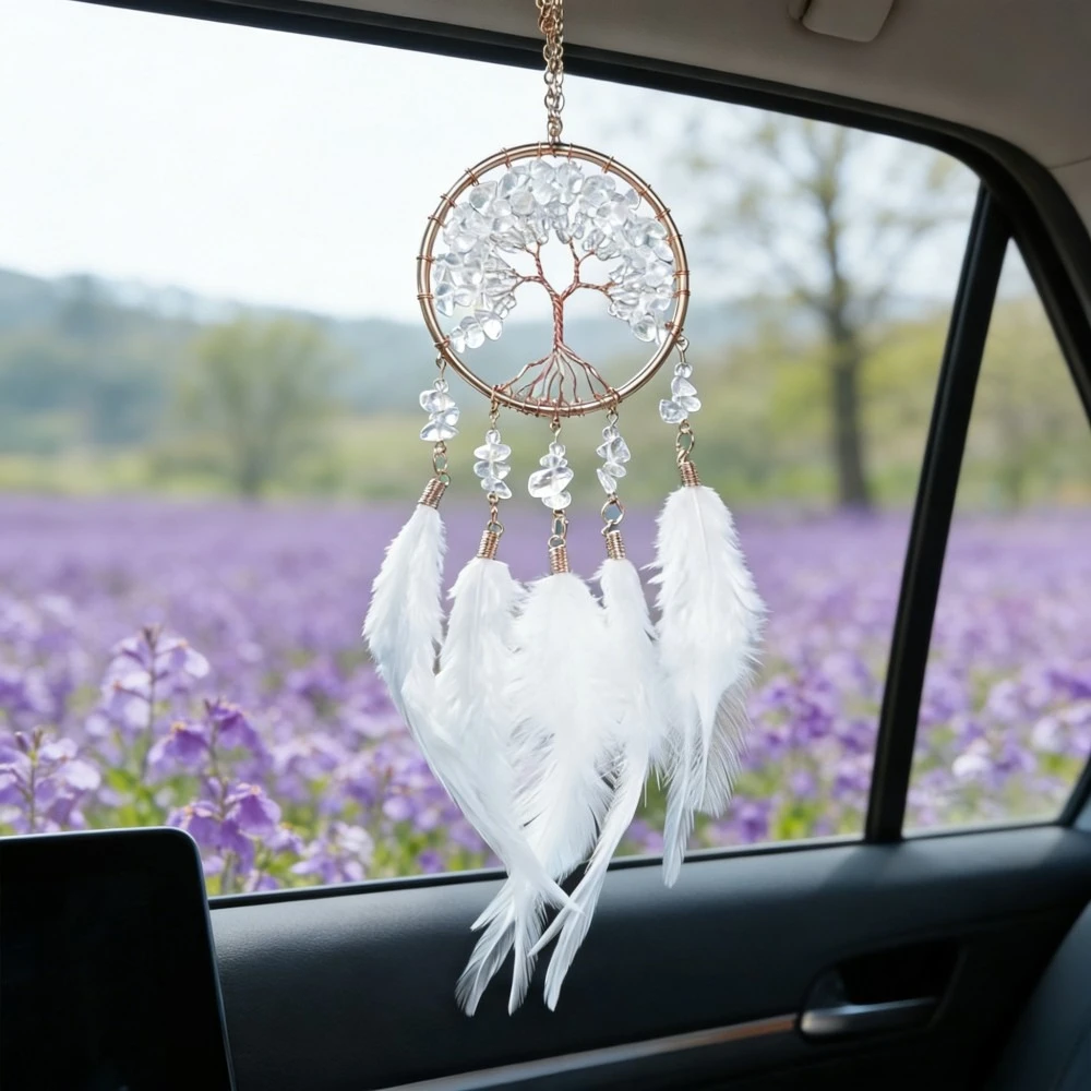 1 pc White Mini Dreamcatcher Car Rear View Mirror Hanging, Handicraft Feather Wind Chime Pendant, Natural