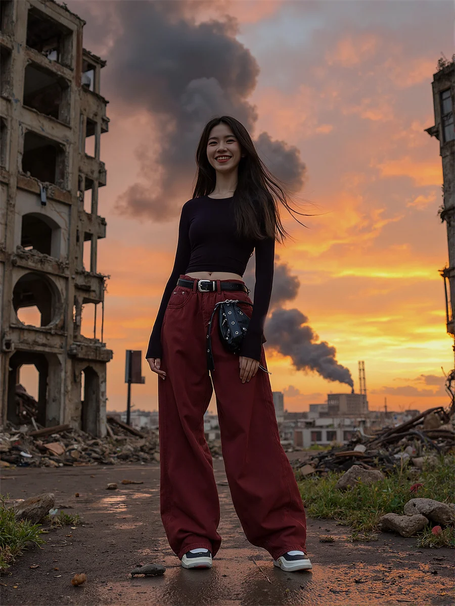 

Красные свободные джинсы с широкими штанинами в пол, женские мешковатые эластичные мягкие приятные брюки-бойфренды, шикарные укороченные современные брюки в стиле пэчворк