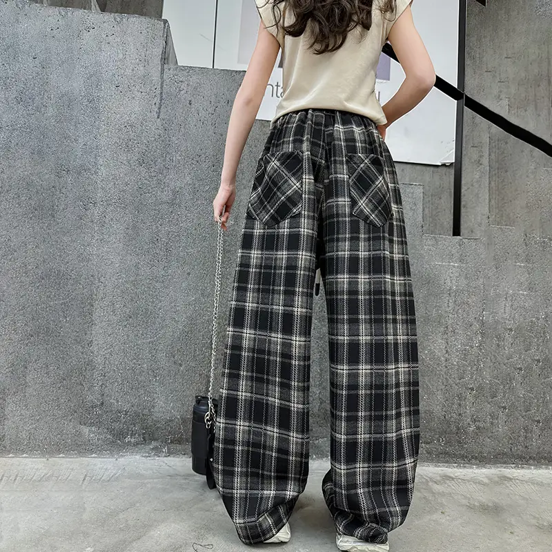 Kids Cotton Spring Autumn Plaid Pants for Teenage Girls Causal Loose Straight Drawstring Trousers Child Fashion Sweatpants 5-14Y - Image 3