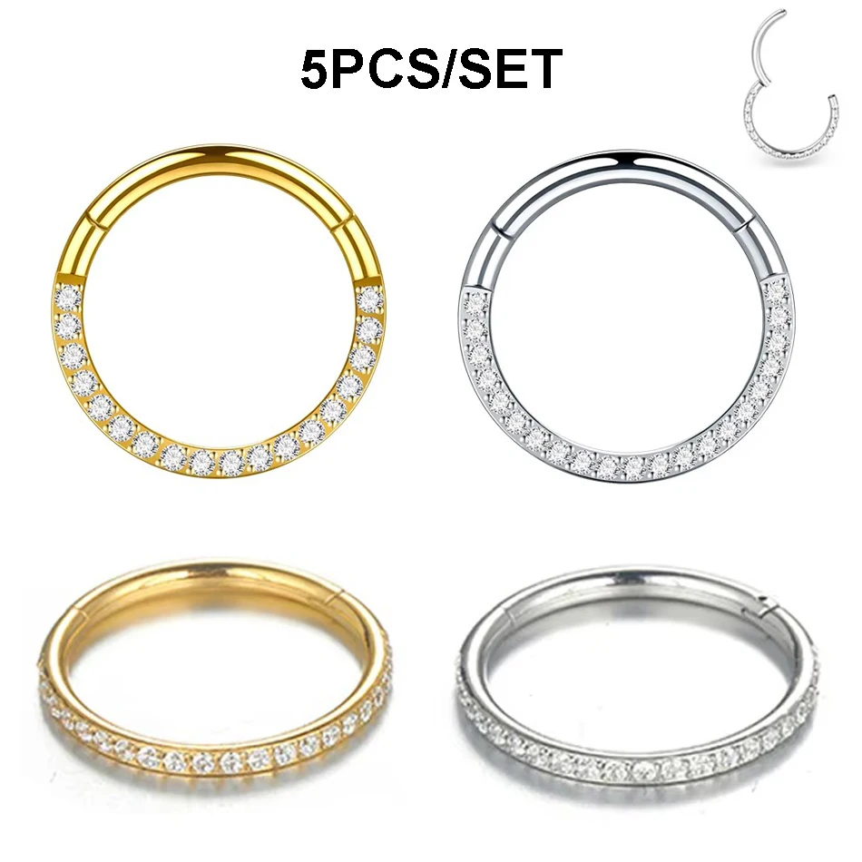 5Pcs/lot 316L Stainless Steel Hinged Segment Hoop CZ Nose Ring Septum Clicker Ear Cartilage Tragus Helix Lip Earring Piercing