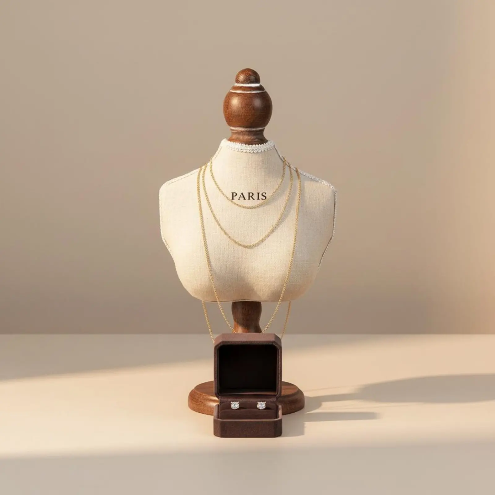 

Necklace Display Bust Linen Textile Necklace Bust Stand Wooden Base Sturdy for Shop Owners, Showroom