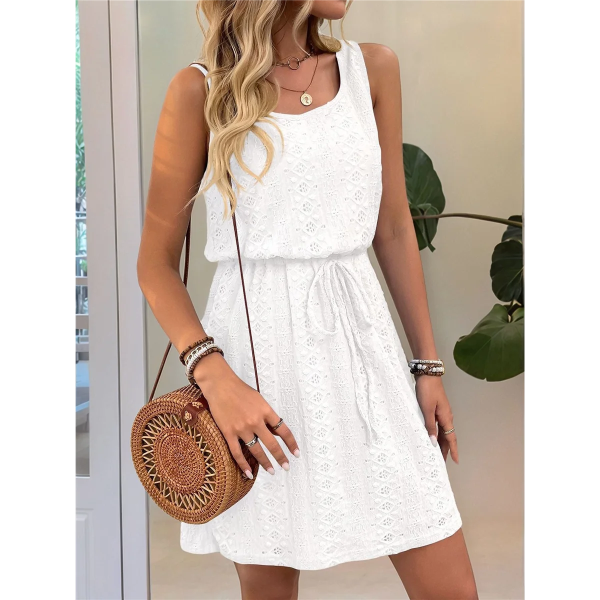 女性中空アウトテクスチャード巾着ミニドレスホワイト M
