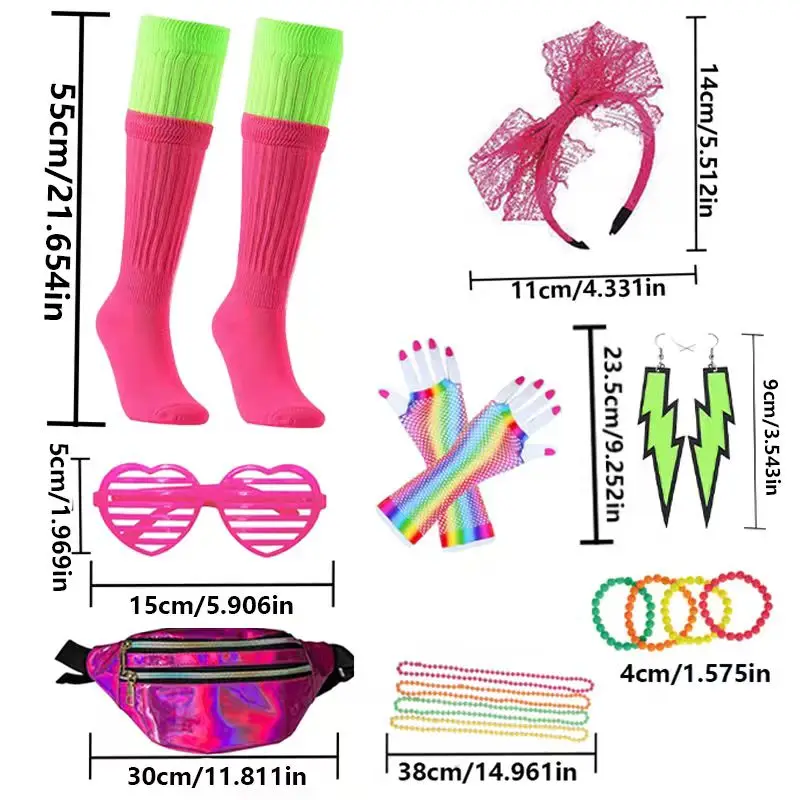 PESENAR 6 pièces de costume d'ère coloré, adapté aux fêtes à thème d'ère colorée ; Fêtes, bals, fêtes disco, Halloween des années 1980