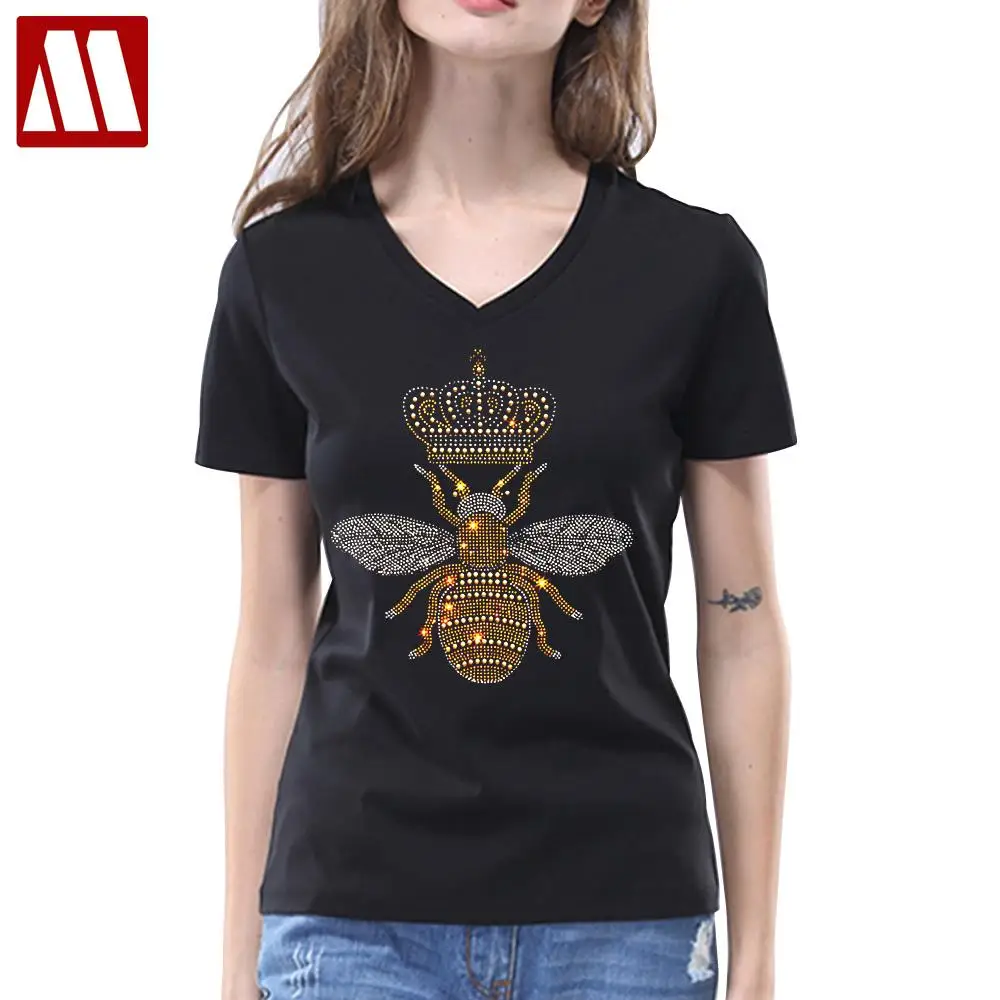 2024 New Arrivals Casual Female T shirts Women Crown Bee diamond T Shirts Fashion Beaded Black / white rhinestone Ladies T-shirt