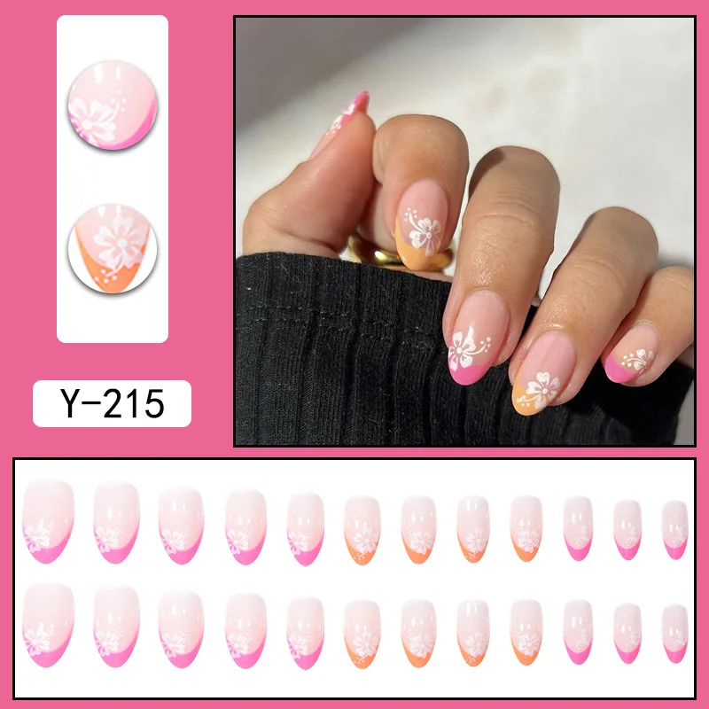 24 Pieces of Long Almond Dual Color French Flower Pattern ABS Fully Covered Fake Nails with 1 Piece of Jelly Glue and 1 File