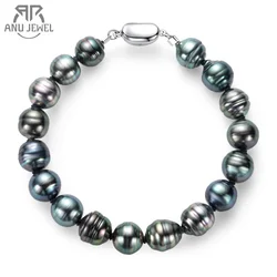 AnuJewel 8-10mm Natural Baroque Black Tahitian Pearl Bracelet  With Cer 925 Sterling Sliver Fine Bracelet Jewelry Wholesale