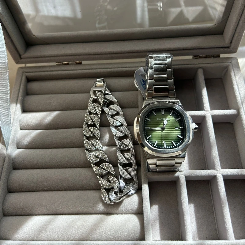 남성용 시계 간단한 야간 조명 달력 포함 쿼츠 남성용 시계+팔찌