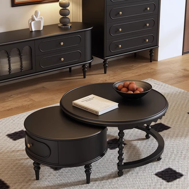 

table, retro round living room, home solid wood medium and ancient style, new high-end sense, black small coffee table