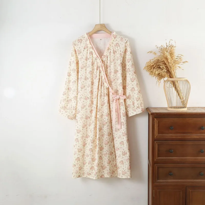 Pure Cotton Kimono Nightdress Double-layer Gauze Women's Long-sleeved Home Skirt Lace V-Neck Summer Dress Loose Nightgown