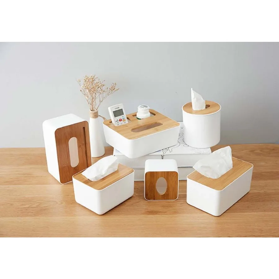 Paper Tissue Box Holder Bamboo Facial Tissue Box Desktop Remote Control Holder Organizer